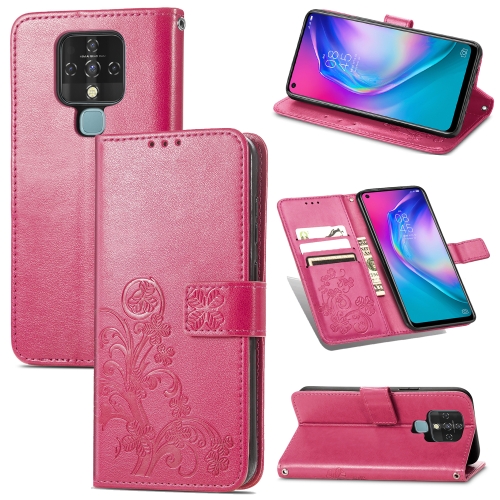 

For Tecno Camon 16 SE Four-leaf Clasp Embossed Buckle Mobile Phone Protection Leather Case with Lanyard & Card Slot & Wallet & Bracket Function(Magenta)