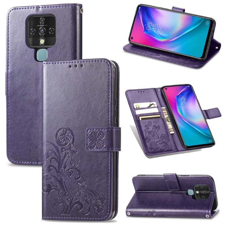 

For Tecno Camon 16 SE Four-leaf Clasp Embossed Buckle Mobile Phone Protection Leather Case with Lanyard & Card Slot & Wallet & Bracket Function(Purple)