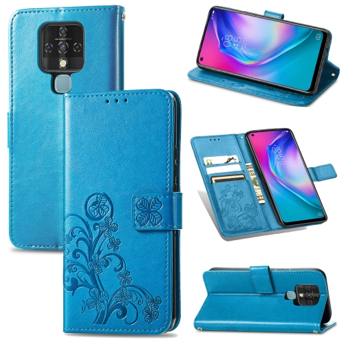 

For Tecno Camon 16 SE Four-leaf Clasp Embossed Buckle Mobile Phone Protection Leather Case with Lanyard & Card Slot & Wallet & Bracket Function(Blue)