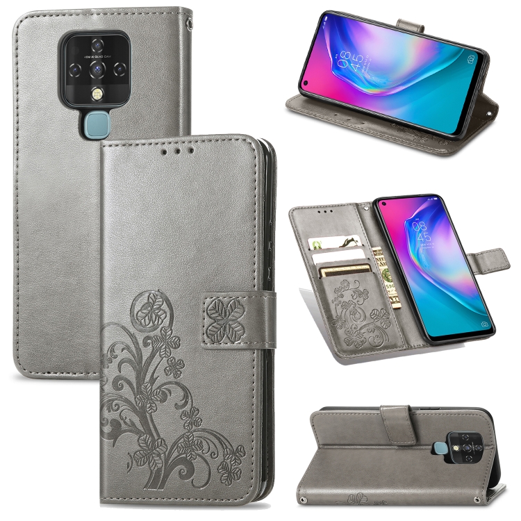 

For Tecno Camon 16 SE Four-leaf Clasp Embossed Buckle Mobile Phone Protection Leather Case with Lanyard & Card Slot & Wallet & Bracket Function(Gray)