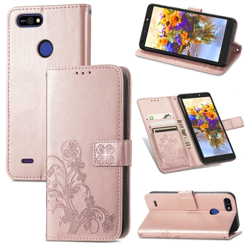 

For Tecno POP 2F Four-leaf Clasp Embossed Buckle Mobile Phone Protection Leather Case with Lanyard & Card Slot & Wallet & Bracket Function(Rose Gold)