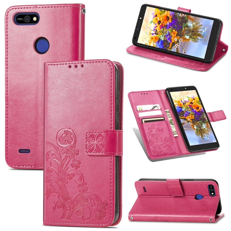 

For Tecno POP 2F Four-leaf Clasp Embossed Buckle Mobile Phone Protection Leather Case with Lanyard & Card Slot & Wallet & Bracket Function(Magenta)