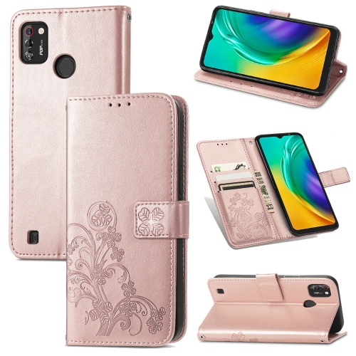 

For Tecno POP 4 Pro Four-leaf Clasp Embossed Buckle Mobile Phone Protection Leather Case with Lanyard & Card Slot & Wallet & Bracket Function(Rose Gold)