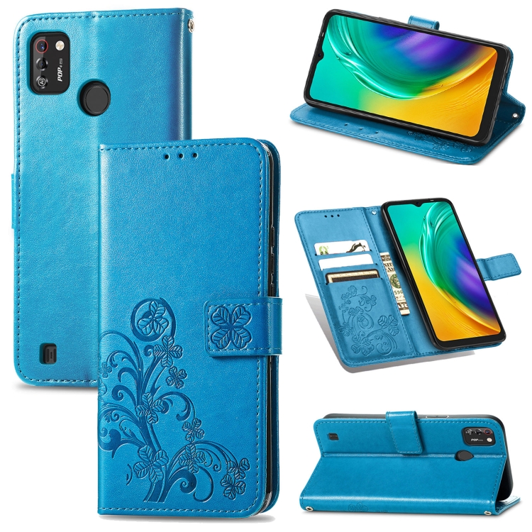 

For Tecno POP 4 Pro Four-leaf Clasp Embossed Buckle Mobile Phone Protection Leather Case with Lanyard & Card Slot & Wallet & Bracket Function(Blue)