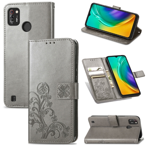 

For Tecno POP 4 Pro Four-leaf Clasp Embossed Buckle Mobile Phone Protection Leather Case with Lanyard & Card Slot & Wallet & Bracket Function(Gray)