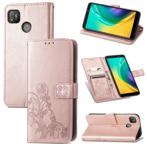 

For Tecno POP 4 Four-leaf Clasp Embossed Buckle Mobile Phone Protection Leather Case with Lanyard & Card Slot & Wallet & Bracket Function(Rose Gold)