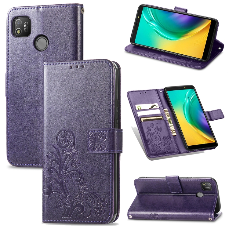 

For Tecno POP 4 Four-leaf Clasp Embossed Buckle Mobile Phone Protection Leather Case with Lanyard & Card Slot & Wallet & Bracket Function(Purple)