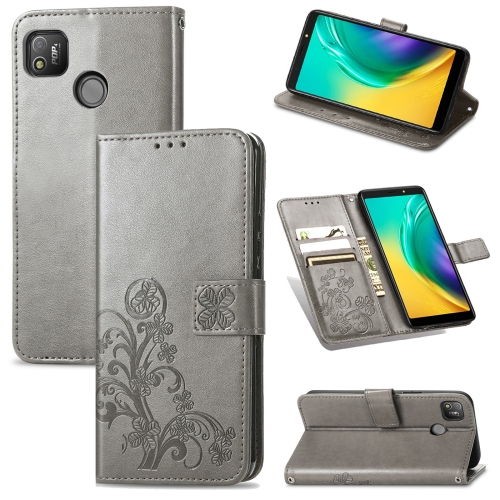 

For Tecno POP 4 Four-leaf Clasp Embossed Buckle Mobile Phone Protection Leather Case with Lanyard & Card Slot & Wallet & Bracket Function(Gray)