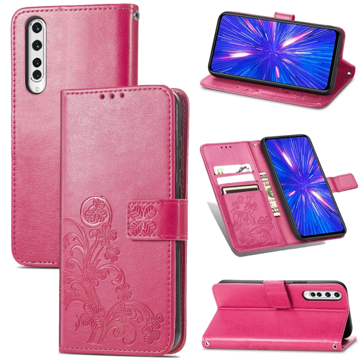 

For Rakuten BIG Four-leaf Clasp Embossed Buckle Mobile Phone Protection Leather Case with Lanyard & Card Slot & Wallet & Bracket Function(Magenta)