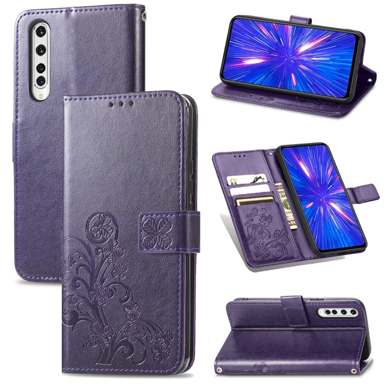

For Rakuten BIG Four-leaf Clasp Embossed Buckle Mobile Phone Protection Leather Case with Lanyard & Card Slot & Wallet & Bracket Function(Purple)