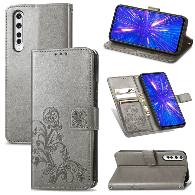 

For Rakuten BIG Four-leaf Clasp Embossed Buckle Mobile Phone Protection Leather Case with Lanyard & Card Slot & Wallet & Bracket Function(Gray)