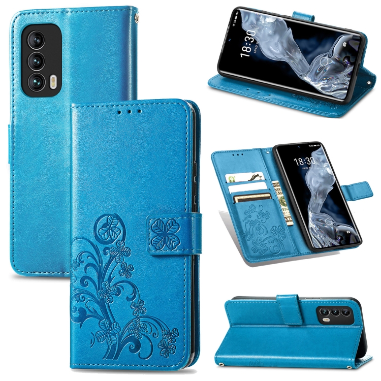 

For Meizu 18 Four-leaf Clasp Embossed Buckle Mobile Phone Protection Leather Case with Lanyard & Card Slot & Wallet & Bracket Function(Blue)