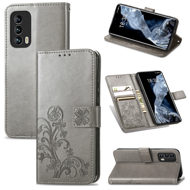 

For Meizu 18 Four-leaf Clasp Embossed Buckle Mobile Phone Protection Leather Case with Lanyard & Card Slot & Wallet & Bracket Function(Gray)