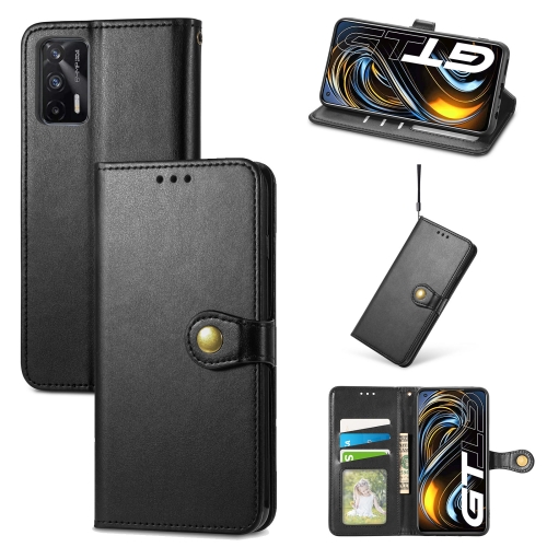 

For OPPO Realme GT 5G/ Realme Q3 Pro 5G Solid Color Leather Buckle Phone Case with Lanyard & Photo Frame & Card Slot & Wallet & Stand Function(Black)