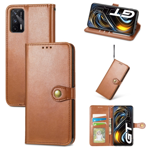 

For OPPO Realme GT 5G/ Realme Q3 Pro 5G Solid Color Leather Buckle Phone Case with Lanyard & Photo Frame & Card Slot & Wallet & Stand Function(Brown)