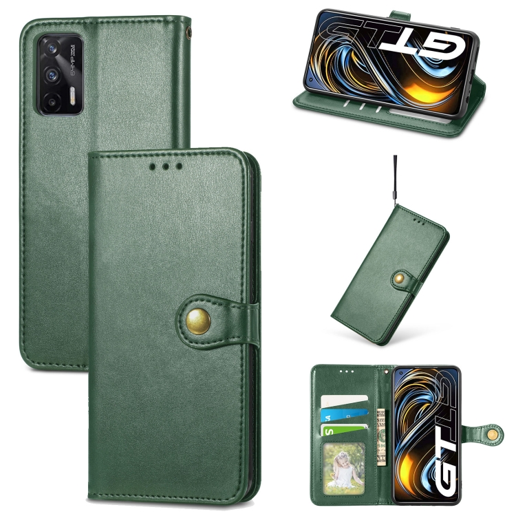 

For OPPO Realme GT 5G/ Realme Q3 Pro 5G Solid Color Leather Buckle Phone Case with Lanyard & Photo Frame & Card Slot & Wallet & Stand Function(Green)