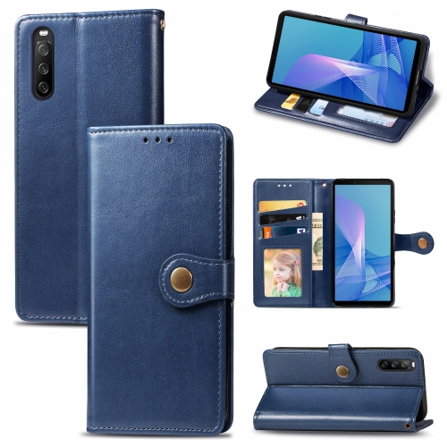 

For Sony Xperia 10III Solid Color Leather Buckle Phone Case with Lanyard & Photo Frame & Card Slot & Wallet & Stand Function(Blue)