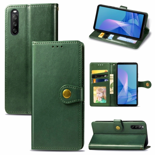 

For Sony Xperia 10III Solid Color Leather Buckle Phone Case with Lanyard & Photo Frame & Card Slot & Wallet & Stand Function(Green)
