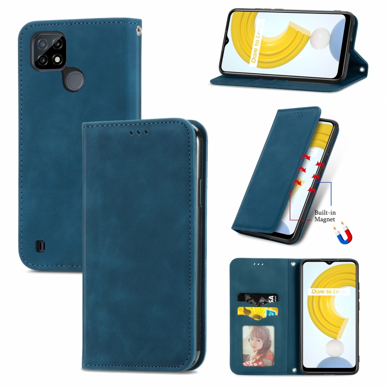 

For OPPO Realme C21 Retro Skin Feel Business Magnetic Horizontal Flip Leather Case With Holder & Card Slots & Wallet & Photo Frame(Blue)