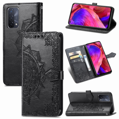 

For OPPO A54 5G Mandala Flower Embossed Horizontal Flip Leather Case with Holder & Three Card Slots & Wallet & Lanyard(Black)