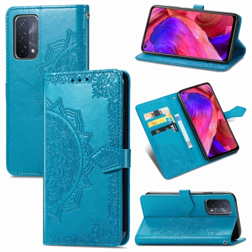 

For OPPO A54 5G Mandala Flower Embossed Horizontal Flip Leather Case with Holder & Three Card Slots & Wallet & Lanyard(Blue)