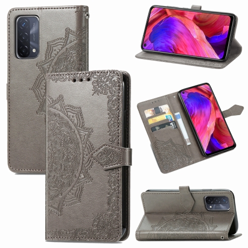 

For OPPO A54 5G Mandala Flower Embossed Horizontal Flip Leather Case with Holder & Three Card Slots & Wallet & Lanyard(Gray)