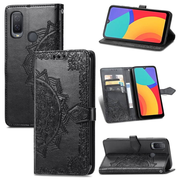 

For Alcatel 1L 2021 Mandala Flower Embossed Horizontal Flip Leather Case with Holder & Three Card Slots & Wallet & Lanyard(Black)