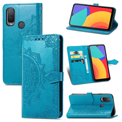 

For Alcatel 1L 2021 Mandala Flower Embossed Horizontal Flip Leather Case with Holder & Three Card Slots & Wallet & Lanyard(Blue)