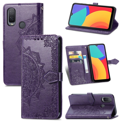 

For Alcatel 1L 2021 Mandala Flower Embossed Horizontal Flip Leather Case with Holder & Three Card Slots & Wallet & Lanyard(Purple)