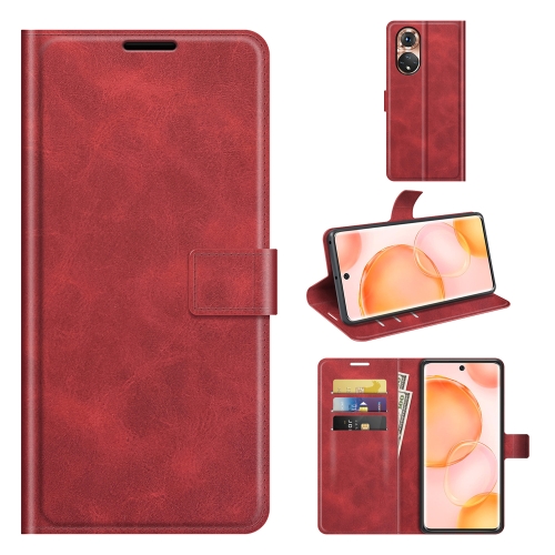 

Retro Calf Pattern Buckle Card Wallet Left and Right Flip Phone Holster with Bracket Function For Honor 50(Red)