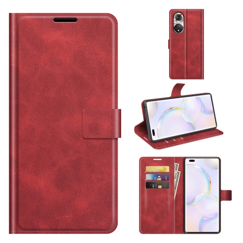 

Retro Calf Pattern Buckle Card Wallet Left and Right Flip Phone Holster with Bracket Function For Honor 50 Pro(Red)