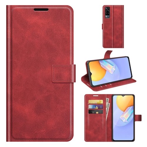 

Retro Calf Pattern Buckle Card Wallet Left and Right Flip Phone Holster with Bracket Function For vivo Y31 / vivo Y51 2020（India）(Red)