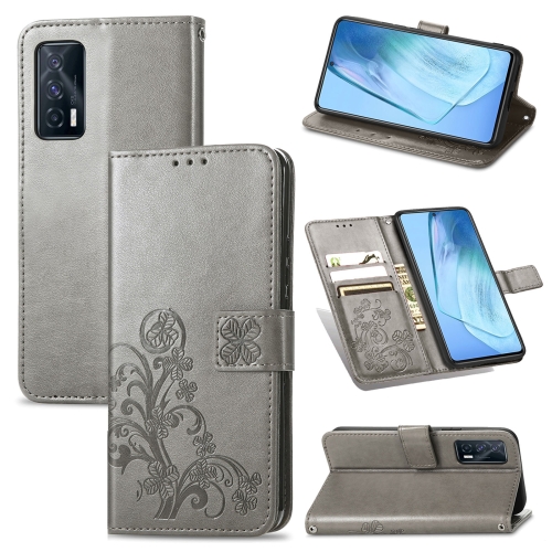 

For vivo iQOO Neo5 Four-leaf Clasp Embossed Buckle Mobile Phone Protection Leather Case with Lanyard & Card Slot & Wallet & Bracket Function(Gray)