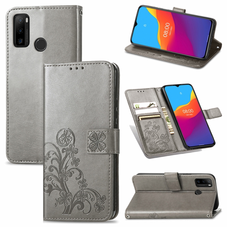 

For Ulefone Note 10 Four-leaf Clasp Embossed Buckle Mobile Phone Protection Leather Case with Lanyard & Card Slot & Wallet & Bracket Function(Gray)