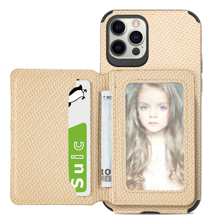 

Carbon Fiber Magnetic Card Bag TPU+PU Shockproof Back Cover Case with Holder & Card Slot & Photo Frame For iPhone 12 mini(Khaki)