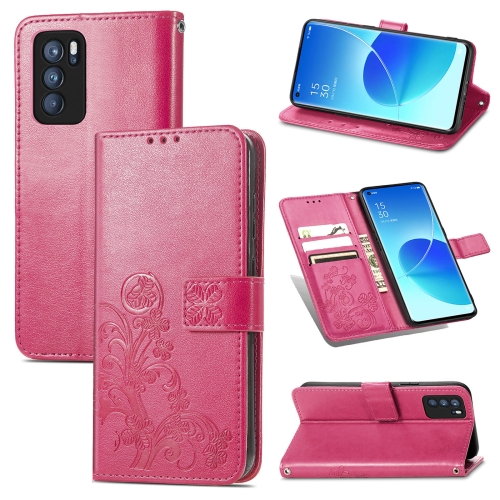

For OPPO Reno6 Pro Four-leaf Clasp Embossed Buckle Mobile Phone Protection Leather Case with Lanyard & Card Slot & Wallet & Bracket Function(Magenta)