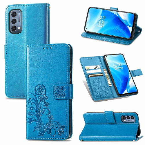 

For OnePlus Nord N200 5G Four-leaf Clasp Embossed Buckle Mobile Phone Protection Leather Case with Lanyard & Card Slot & Wallet & Bracket Function(Blue)