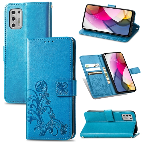 

For Motorola Moto G Stylus 2021 Four-leaf Clasp Embossed Buckle Mobile Phone Protection Leather Case with Lanyard & Card Slot & Wallet & Bracket Function(Blue)