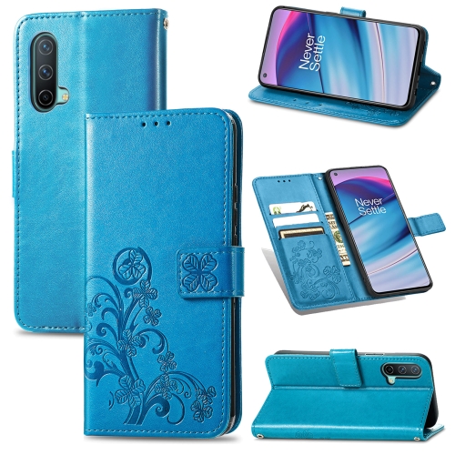 

For OnePlus Nord CE 5G Four-leaf Clasp Embossed Buckle Mobile Phone Protection Leather Case with Lanyard & Card Slot & Wallet & Bracket Function(Blue)