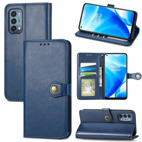 

For OnePlus Nord N200 5G Solid Color Leather Buckle Phone Case with Lanyard & Photo Frame & Card Slot & Wallet & Stand Function(Blue)