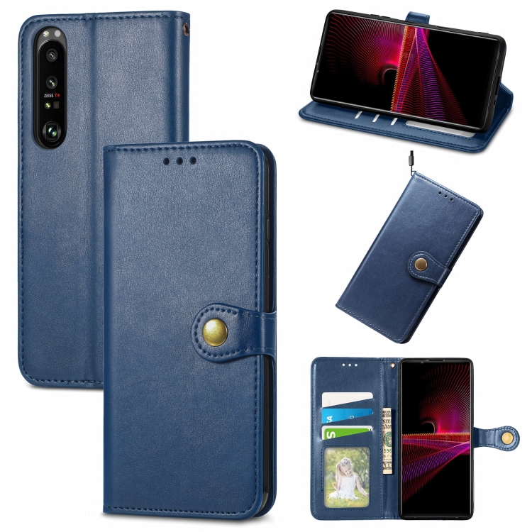 

For Sony Xperia 1 III Solid Color Leather Buckle Phone Case with Lanyard & Photo Frame & Card Slot & Wallet & Stand Function(Blue)