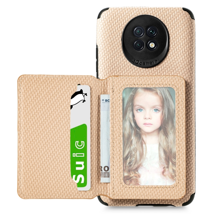 

For Xiaomi Redmi Note 9 5G Carbon Fiber Magnetic Card Bag TPU+PU Shockproof Back Cover Case with Holder & Card Slot & Photo Frame(Khaki)