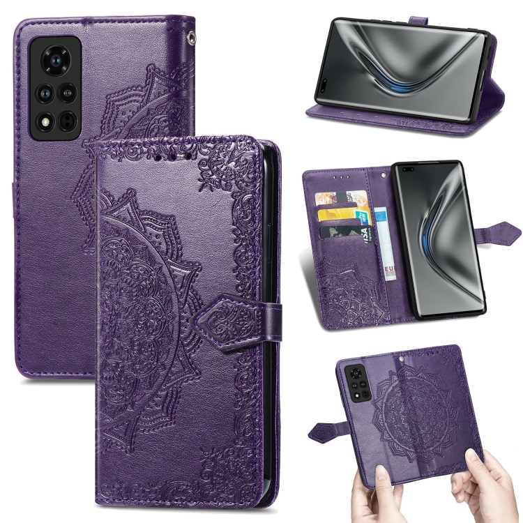 

For Honor V40 5G Mandala Flower Embossed Horizontal Flip Leather Case with Bracket / Card Slot / Wallet / Lanyard(Purple)