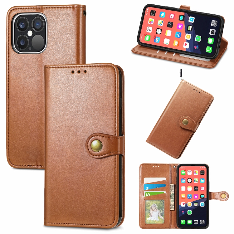 

For iPhone 13 Pro Solid Color Leather Buckle Phone Case with Lanyard & Photo Frame & Card Slot & Wallet & Stand Function(Brown)
