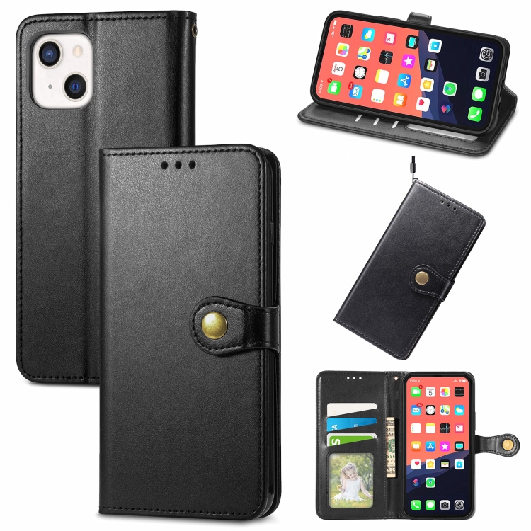 

For iPhone 13 mini Solid Color Leather Buckle Phone Case with Lanyard & Photo Frame & Card Slot & Wallet & Stand Function(Black)