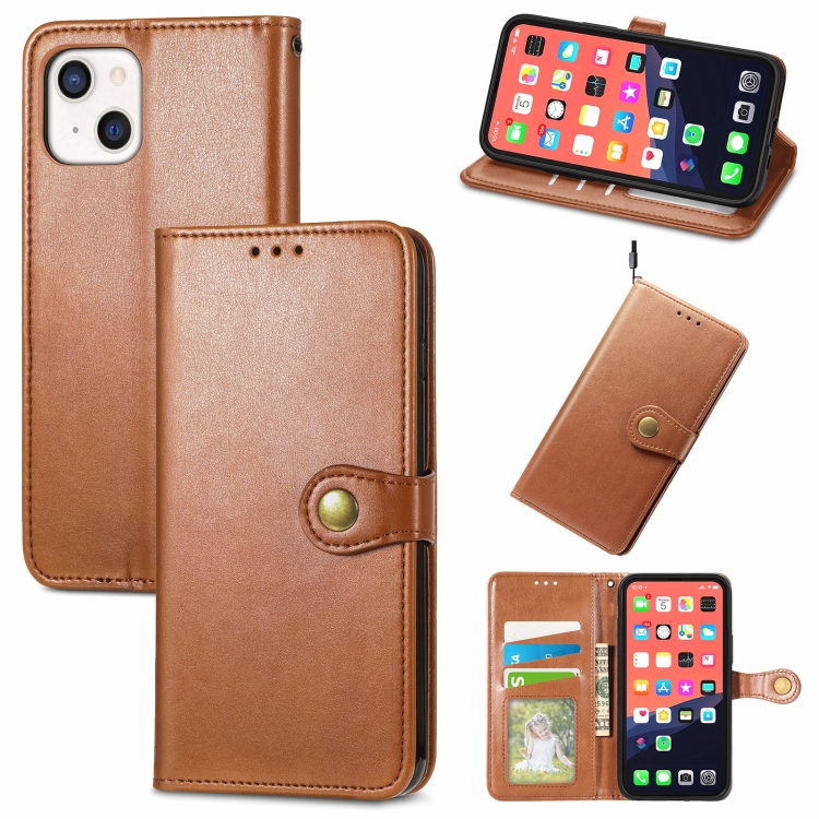

For iPhone 13 mini Solid Color Leather Buckle Phone Case with Lanyard & Photo Frame & Card Slot & Wallet & Stand Function(Brown)