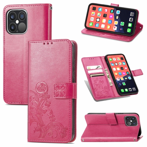 

For iPhone 13 Pro Max Four-leaf Clover Clasp Embossed Buckle Mobile Phone Protection Leather Case with Lanyard & Card Slot & Wallet & Bracket Function(Magenta)