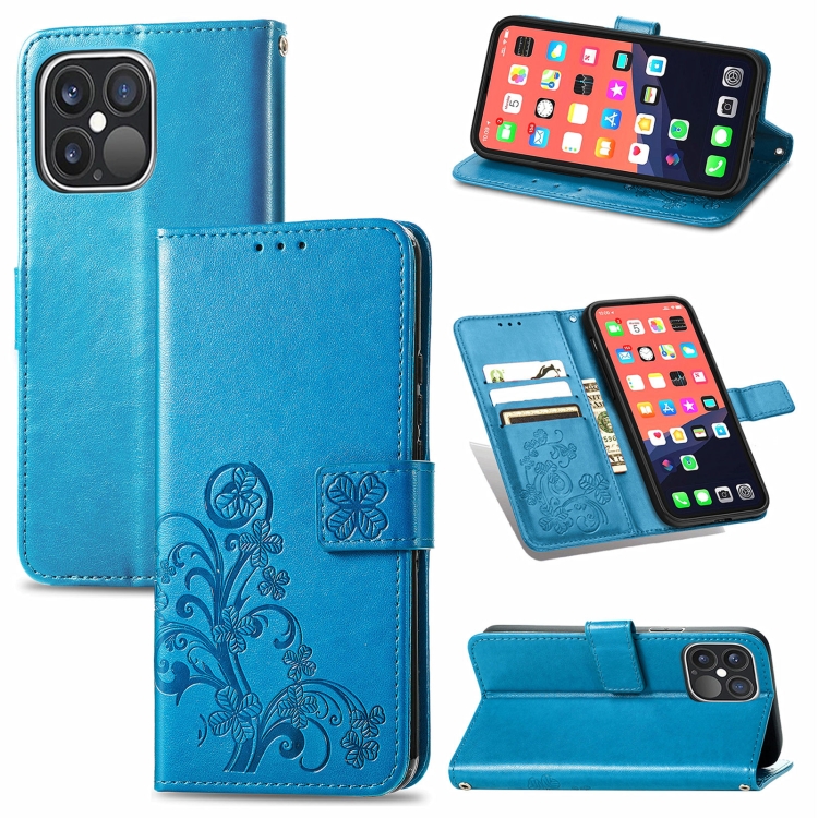 

For iPhone 13 Pro Four-leaf Clover Clasp Embossed Buckle Mobile Phone Protection Leather Case with Lanyard & Card Slot & Wallet & Bracket Function(Blue)