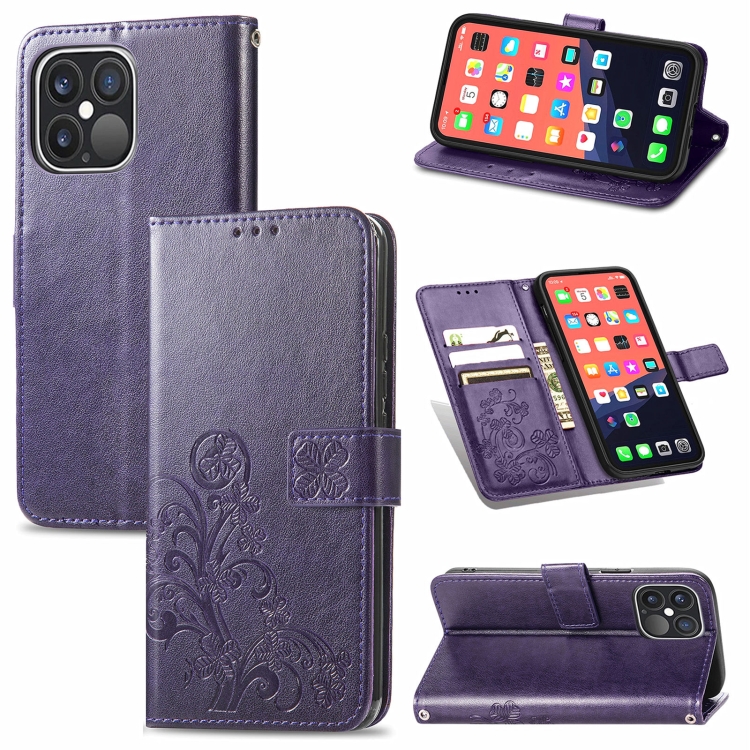 

For iPhone 13 Pro Four-leaf Clover Clasp Embossed Buckle Mobile Phone Protection Leather Case with Lanyard & Card Slot & Wallet & Bracket Function(Purple)