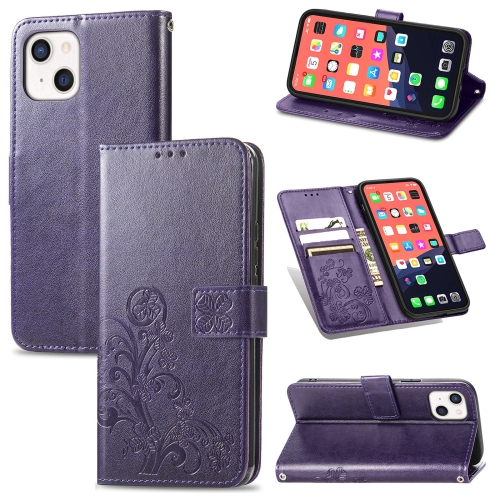 

For iPhone 13 mini Four-leaf Clover Clasp Embossed Buckle Mobile Phone Protection Leather Case with Lanyard & Card Slot & Wallet & Bracket Function(Purple)